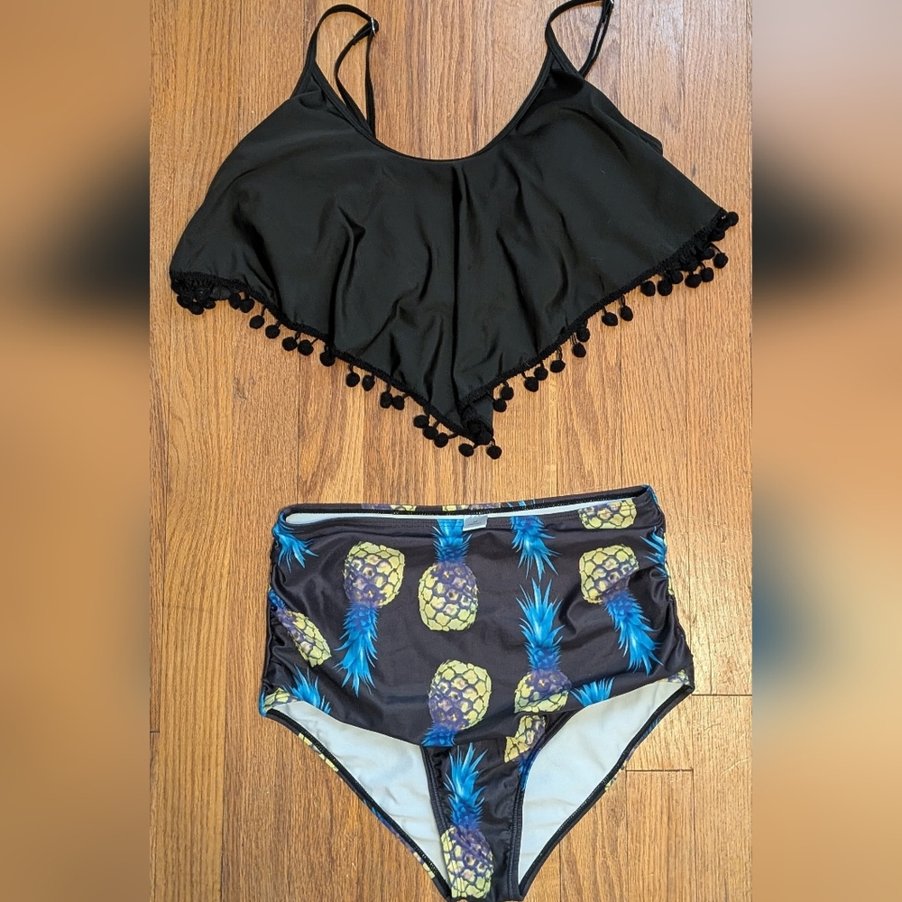 Black Pom-Pom and Pineapple Print Swim Suit Separates - Picture 2 of 4